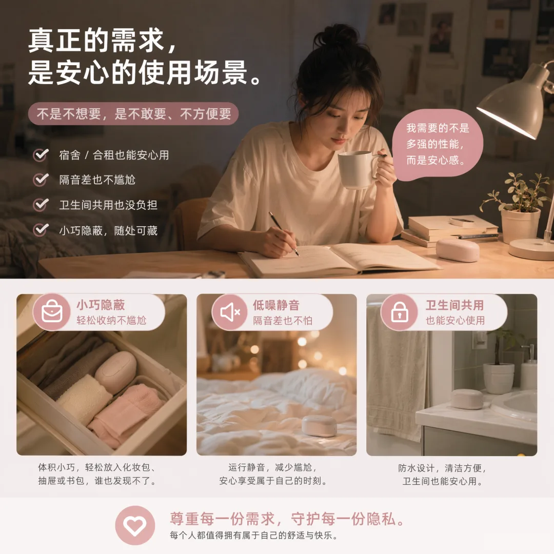 女生在卧室安心使用小玩具的插画,配文:真正的需求,是安心的使用场景