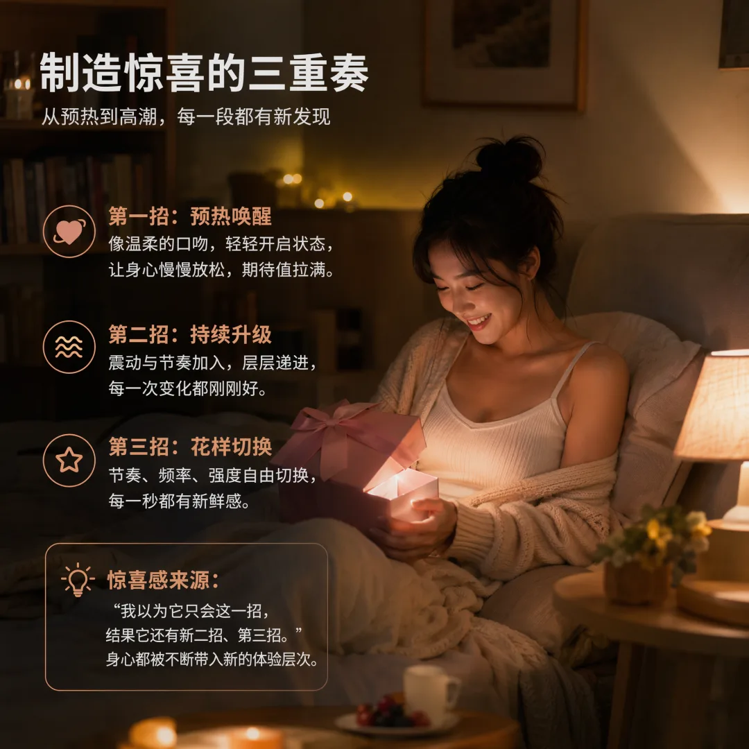 女生在氛围灯下的卧室使用玩具,配文:制造惊喜的三重奏