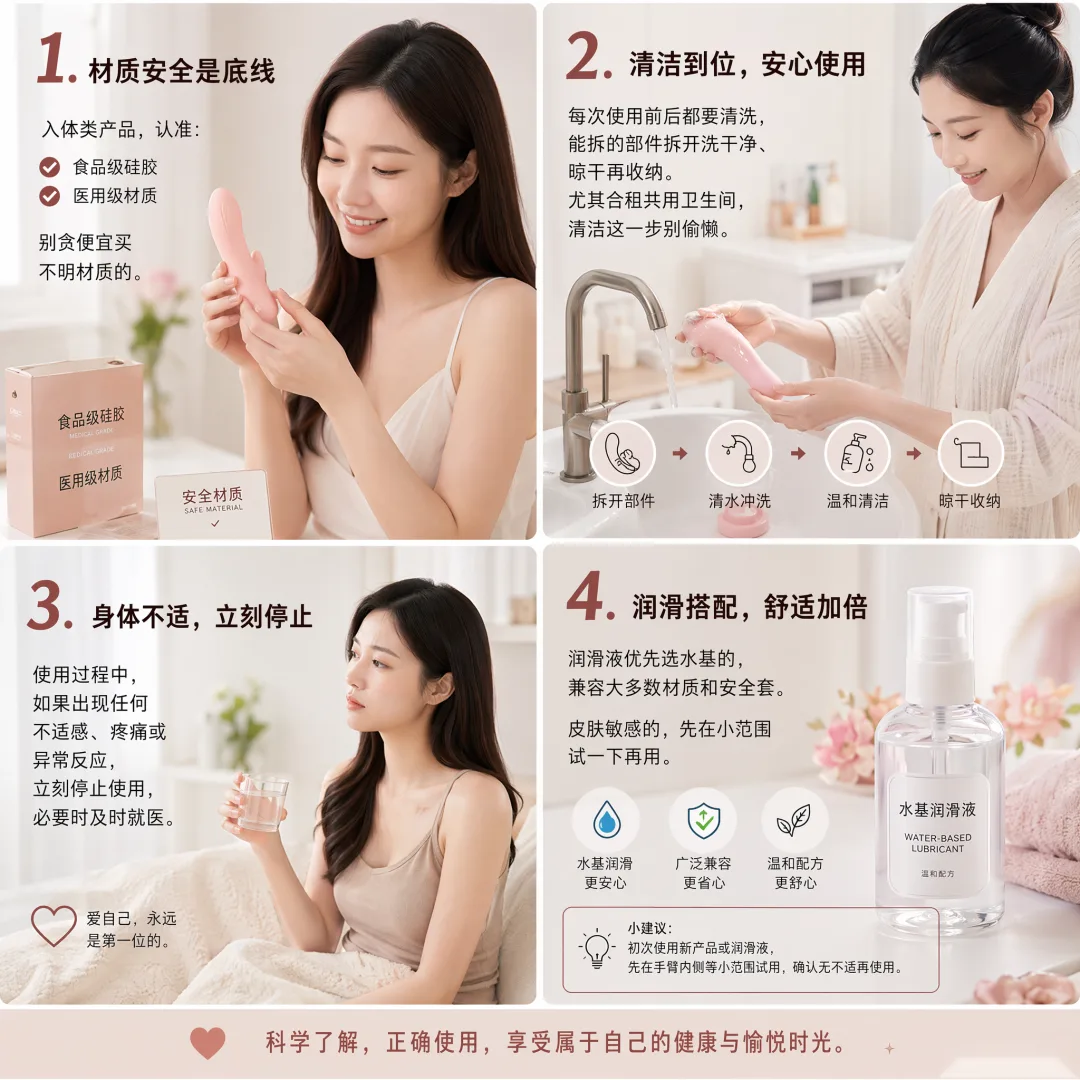 女生在浴室与卧室场景手持产品与润滑液,配文:四条使用注意事项