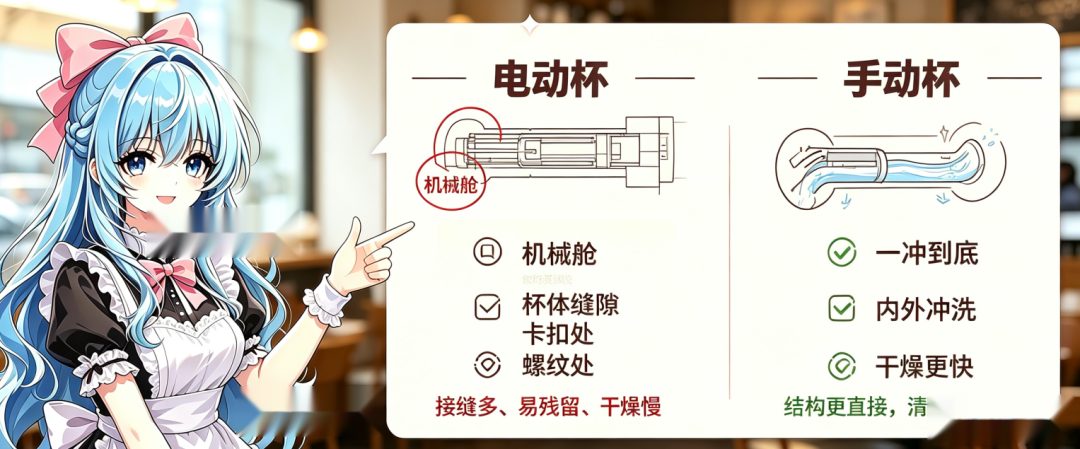 电动杯机械舱与手动杯一体结构清洗对比示意图
