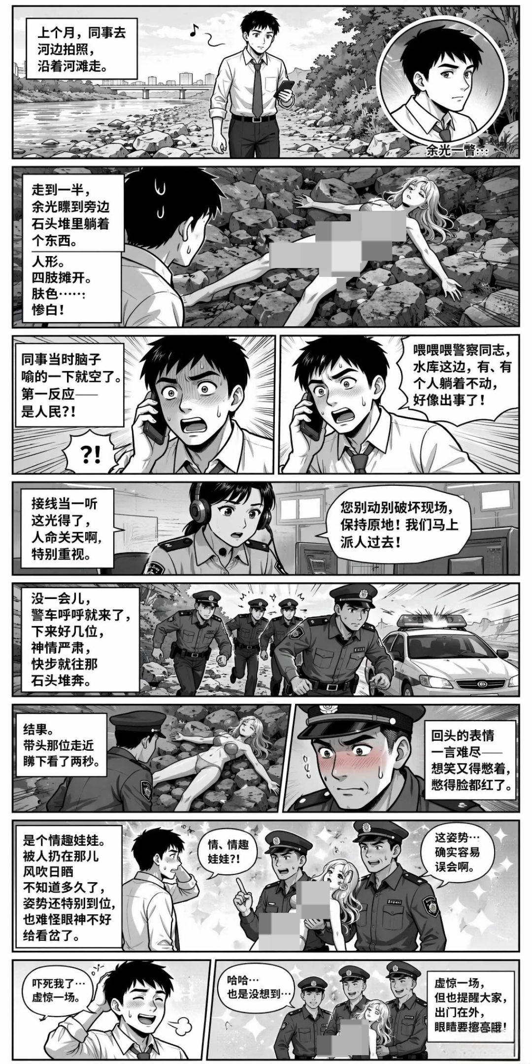 漫画分镜：同事在河边看到疑似人形的物体报警，警察到场后发现是别人丢弃的情趣娃娃