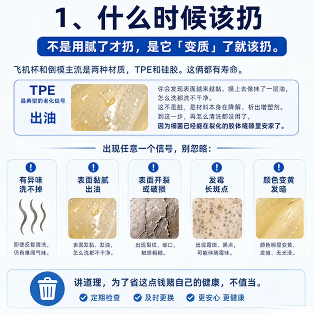 信息图：飞机杯什么时候该扔，TPE 出油、异味、开裂、发霉、变黄等老化信号一览