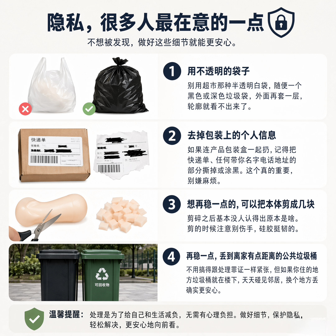 信息图：隐私处理技巧，用不透明垃圾袋、去掉快递单信息、剪碎、异地丢弃