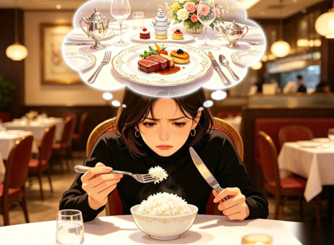 插画:女生坐在摆满美食的餐桌前,头顶浮现一份只有白米饭的菜单