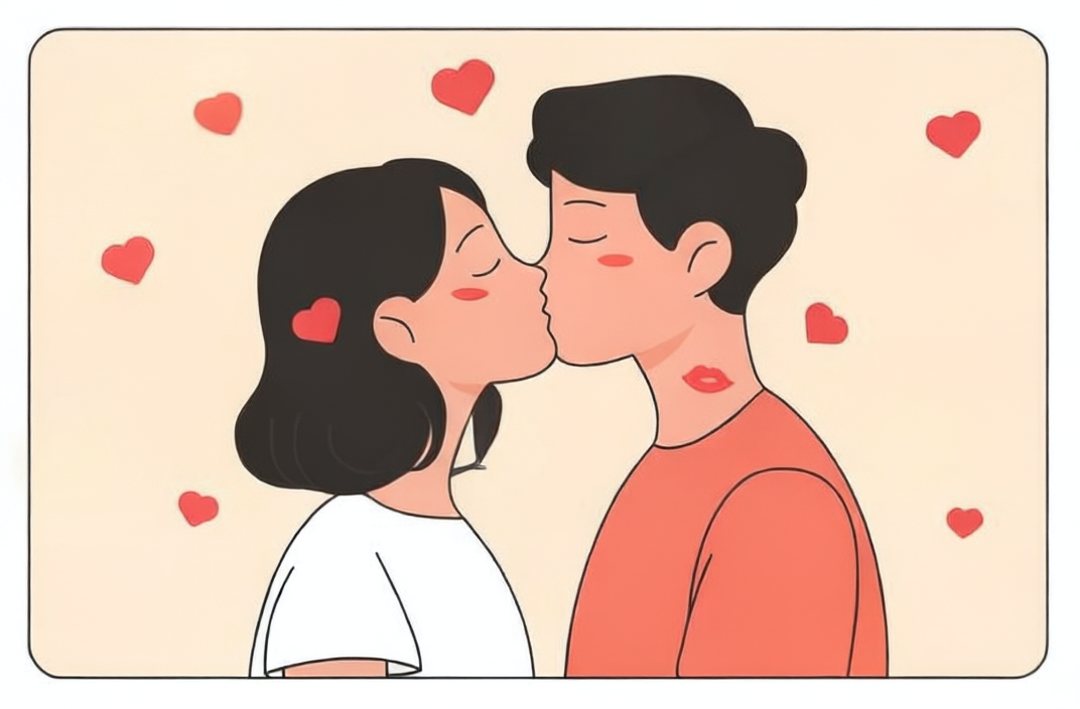 寒冬里依偎亲吻的卡通情侣插画